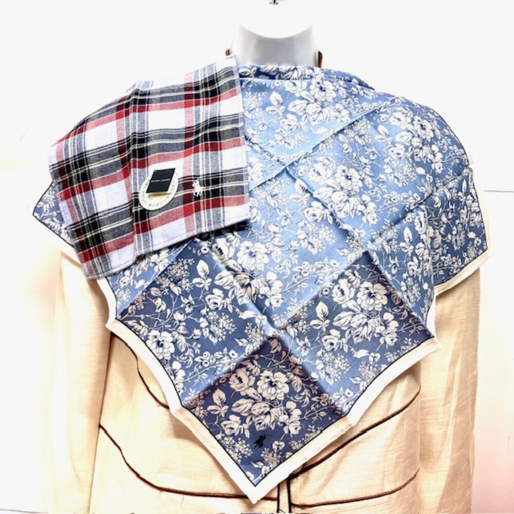 New Polo Ralp Lauren Mini Scarf 20" + Hand Towel bue floral blue black check((92 - Picture 3 of 14